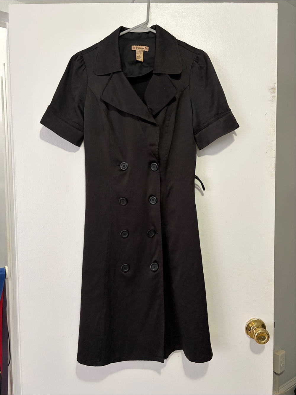Forever Black Short-Sleeve Double-Breasted Midi Dress with Notched Collar
